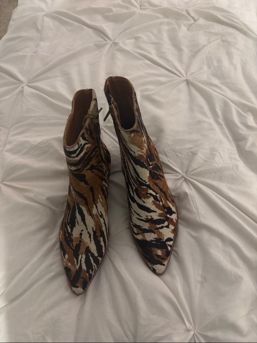 Matisse Tiger-Print Pointed Ankle Booties in Brown, Black, White